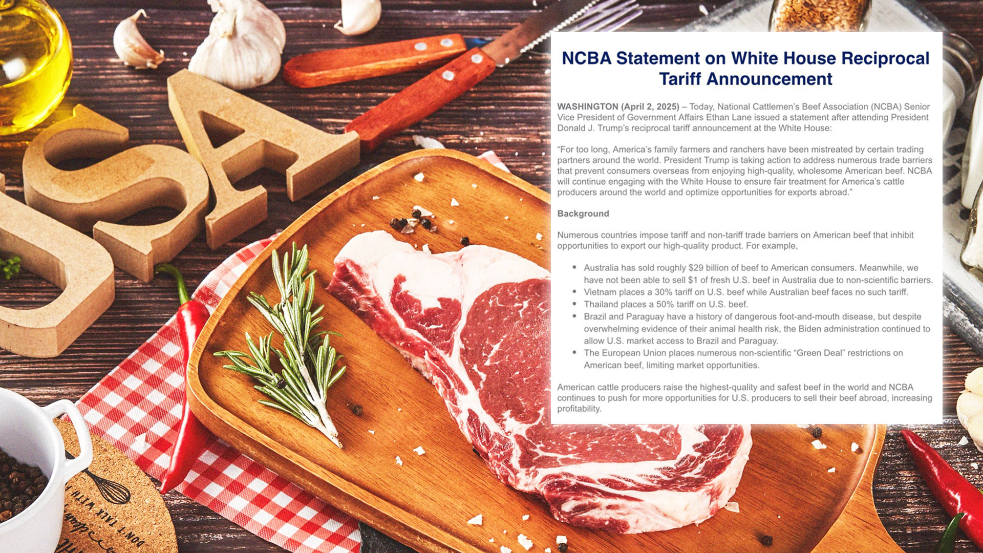 สมาคมปศุสัตว์แห่งชาติสหรัฐ (NCBA) ออกแถลงการณ์ภายหลังจากที่ทรัมป์ประกาศนโยบายเรียกเก็บภาษีตอบโต้จากประเทศคู่ค้าบางประเทศ- ตลาดโคเนื้อเตรียมรับแรงกระแทกหลังสหรัฐฯจ่อทะลายกำแพงภาษีนำเข้า 1 NCBA2