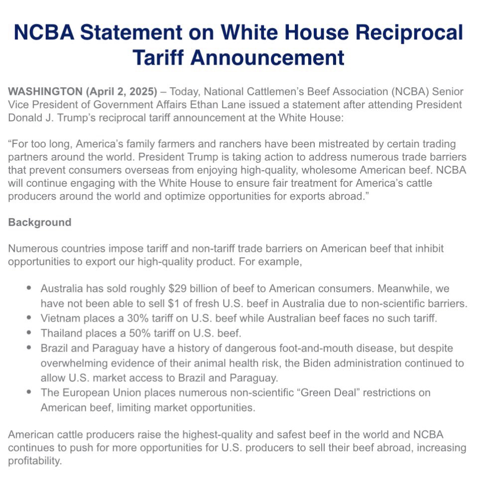 สมาคมปศุสัตว์แห่งชาติสหรัฐ (NCBA) ออกแถลงการณ์ภายหลังจากที่ทรัมป์ประกาศนโยบายเรียกเก็บภาษีตอบโต้จากประเทศคู่ค้าบางประเทศ- ตลาดโคเนื้อเตรียมรับแรงกระแทกหลังสหรัฐฯจ่อทะลายกำแพงภาษีนำเข้า 2 S 407289887