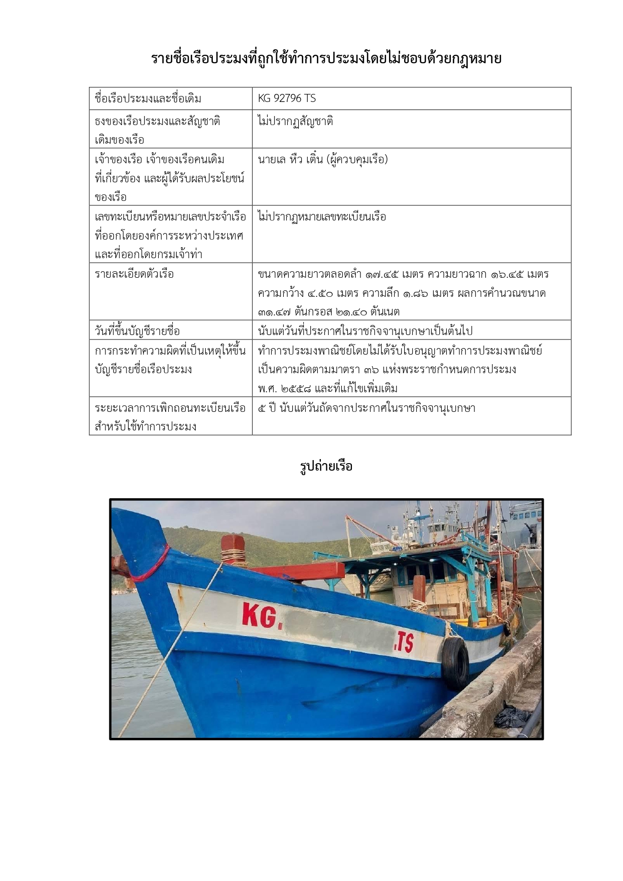 ราชกิจจาฯประกาศรายชื่อเรือประมงที่ถูกใช้ทำการประมงโดยไม่ชอบด้วยกฎหมาย ฉบับที่ 19 เพิกถอนทะเบียน 5 ปี 3 70501 page 0002