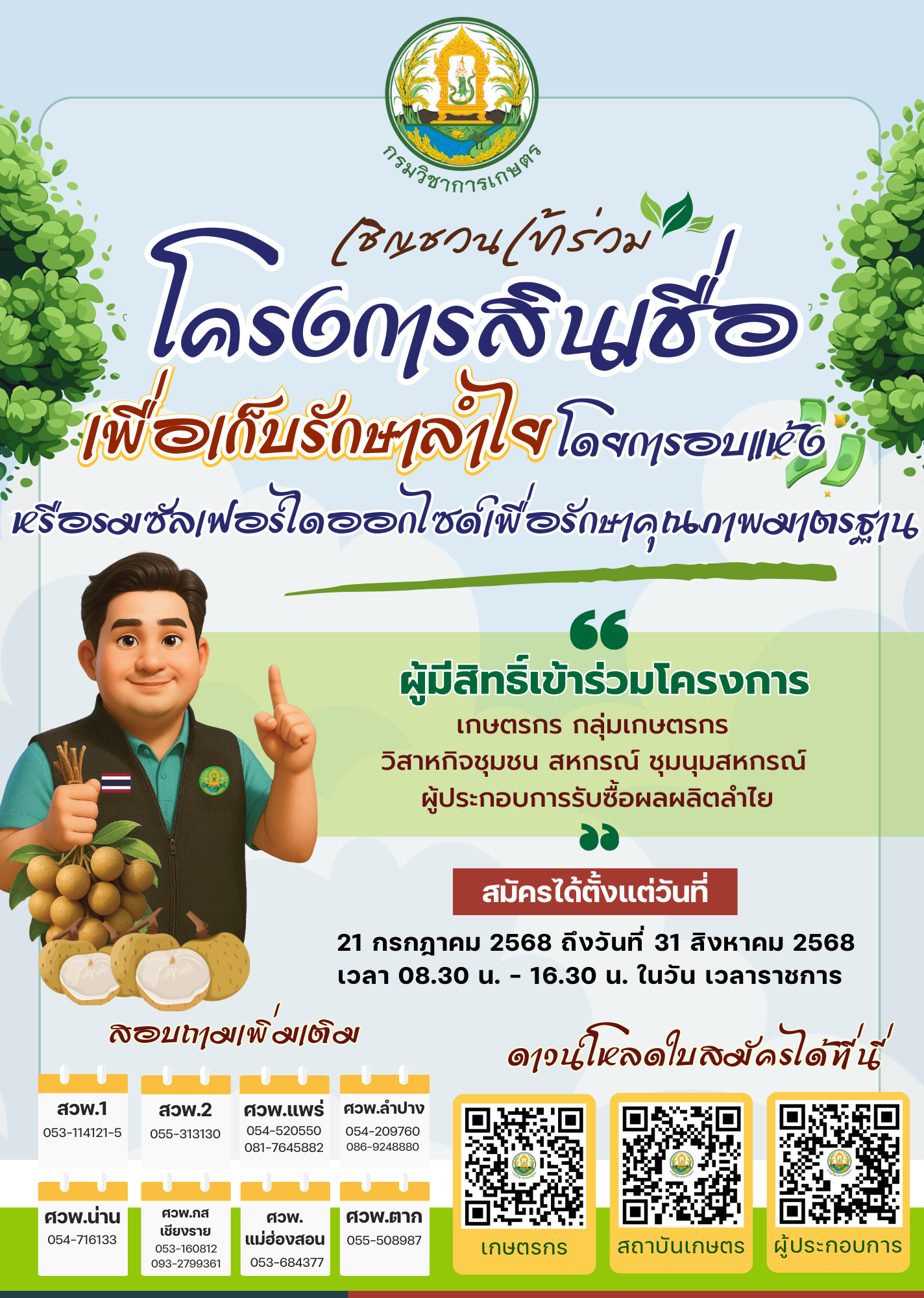 กรมวิชาการเกษตร ออกประกาศกรมวิชาการเกษตร “รับสมัครเกษตรกร สถาบันเกษตรกร ผู้ประกอบกิจการรวบรวม รับซื้อลำไย เพื่อการแปรรูป ปี 2568” ในโครงการสินเชื่อเพื่อเก็บรักษาลำไยโดยการอบแห้งหรือรมซัลเฟอร์ไดออกไซด์ เพื่อรักษาคุณภาพมาตรฐาน 8 948572