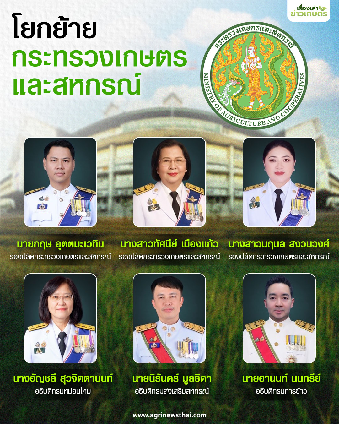 ครม.เคาะแต่งตั้งข้าราชการระดับสูงกระทรวงเกษตรฯ จำนวน 6 ราย โยกย้ายกระทรวงเกษตรและสหกรณ์