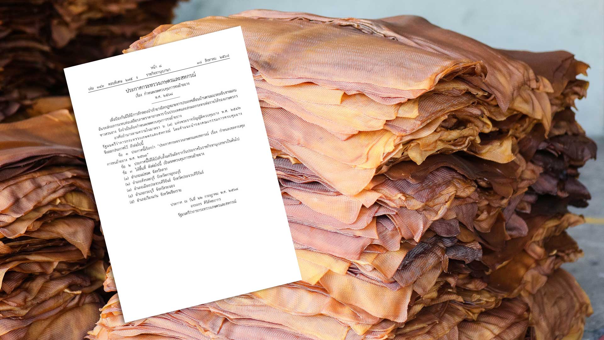 ราชกิจจานุเบกษาเผยแพร่ประกาศกระทรวงเกษตรและสหกรณ์เรื่อง กำหนดเขตควบคุมการขนย้ายยางพ.ศ. ๒๕๖๘ป้องกันไม่ให้มีการลักลอบนำเข้ายางผิดกฎหมายจากประเทศเพื่อนบ้านตามแนวตะเข็บชายแดน 1 ประกาศกระทรวงเกษตรฯ3