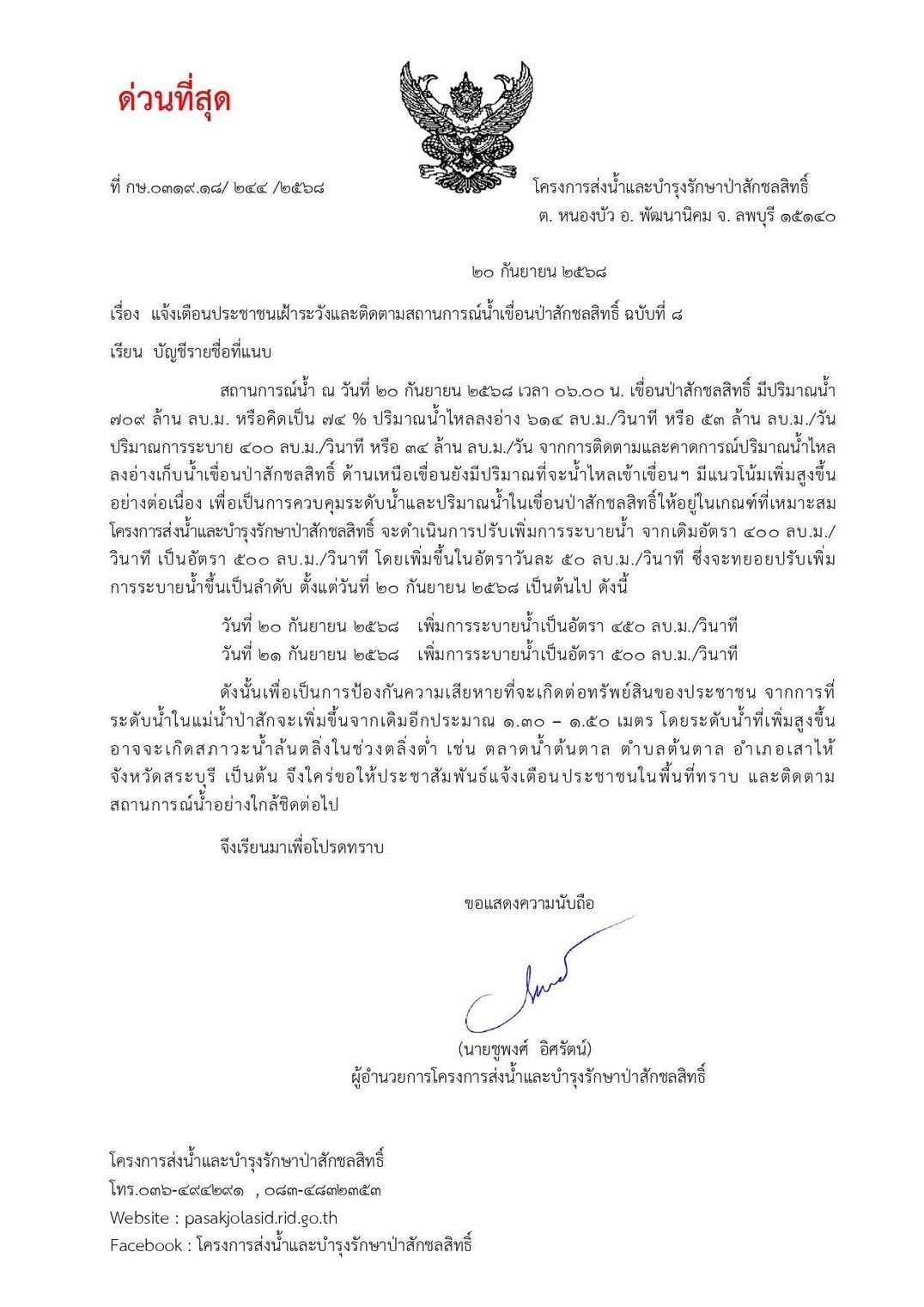 กรมชลประทาน แจ้งเตือนสถานการณ์น้ำเขื่อนป่าสักชลสิทธิ์ 3 935037