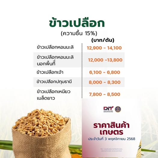 เช็ก ราคาข้าวเปลือก ความชื้น 15% (ข้อมูลจากกระทรวงพาณิชย์ ณ วันที่ 3 พฤศจิกายน 2568) 2 575168596 1634381191215590 3806808410081443368 n