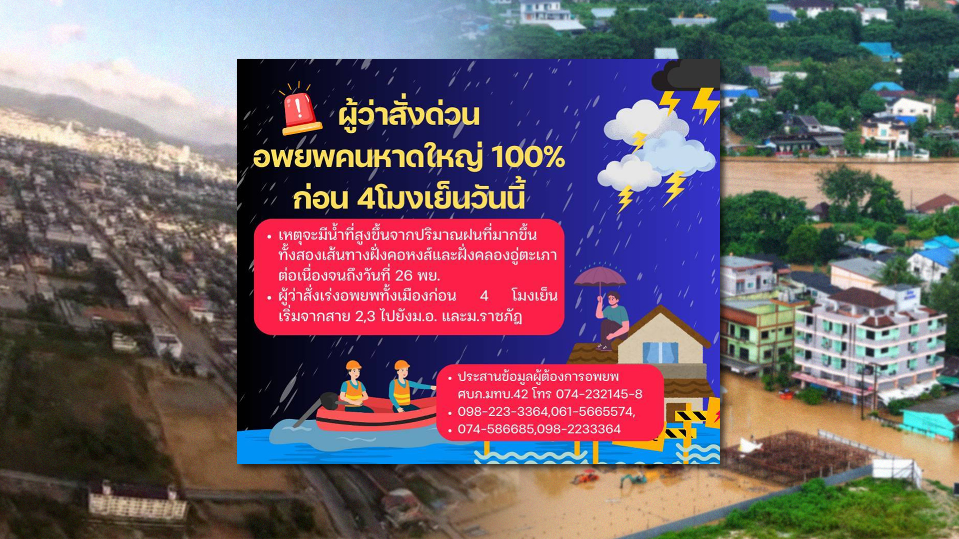 ผู้ว่าฯสั่งด่วนอพยพคนหาดใหญ่ทั้งเมือง ก่อน 4โมงเย็นวันนี้เหตุจะมีน้ำที่สูงขึ้นจากปริมาณฝนที่มากขึ้นทั้งสองเส้นทางฝั่งคอหงส์และฝั่งคลองอู่ตะเภาต่อเนื่องจนถึงวันที่ 26 พ.ย.ด้านเทศบาลนครหาดใหญ่ส่งสัญญาณขอความช่วยเหลือ น้ำท่วมเกินกำลังสู้ โพสต์ สั่งด่วน2